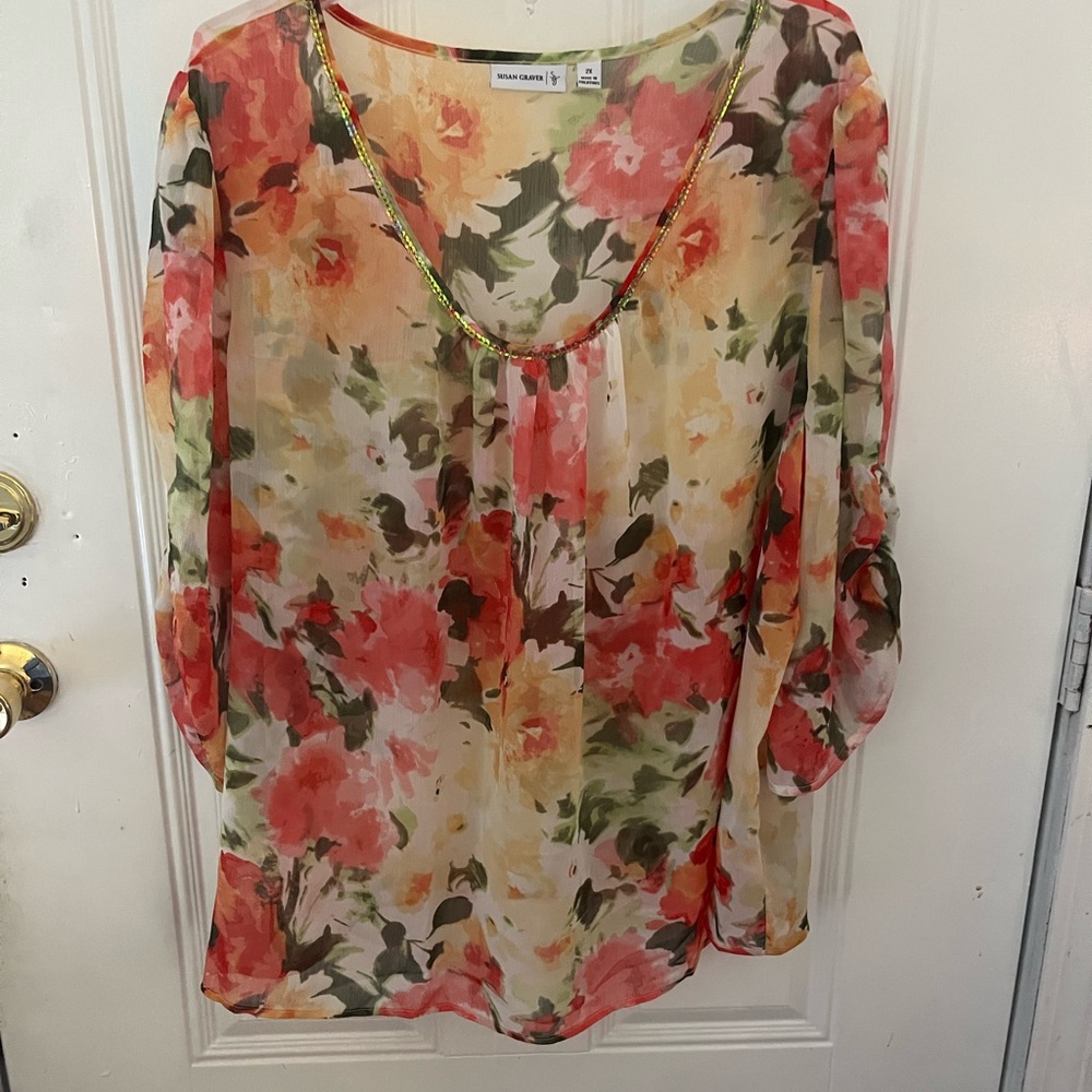 Susan Graver Floral Chiffon Sheer Blouse with Sequins 3/4 Sleeves 2X